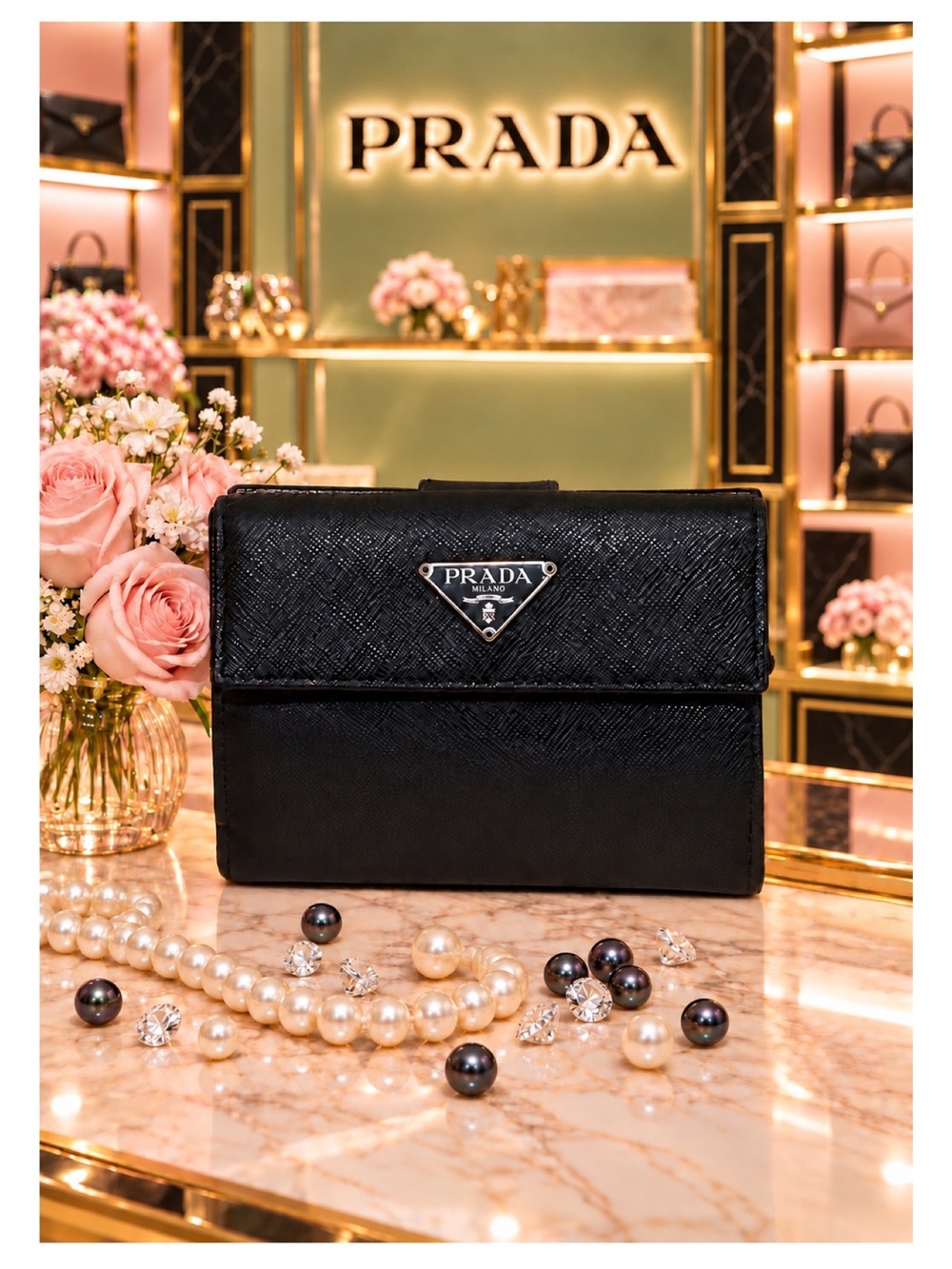Prada Saffiano Leather Compact Trifold Vintage Wallet.